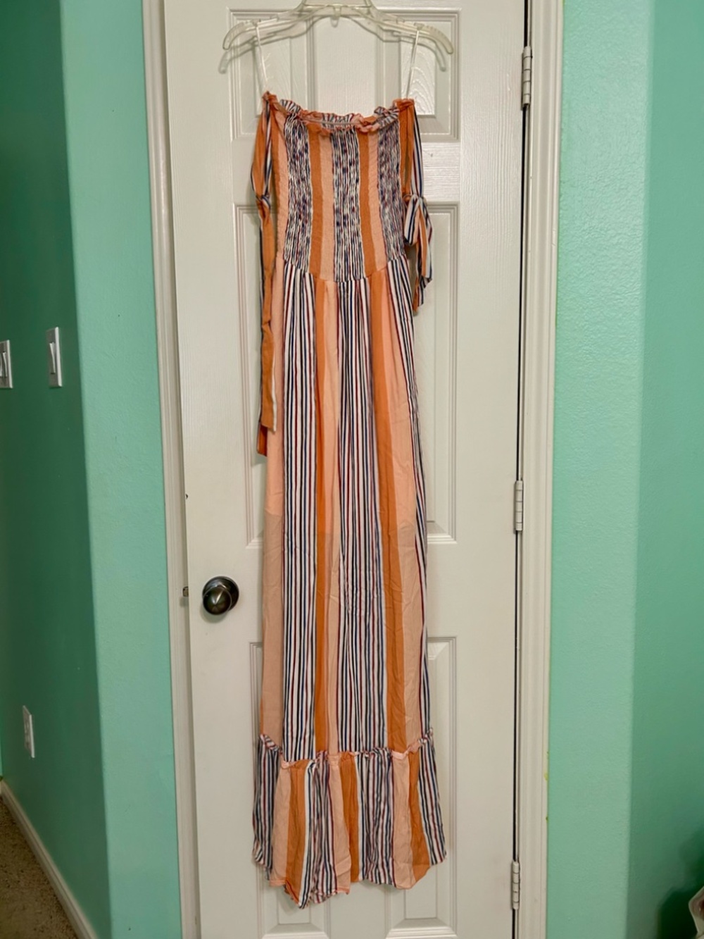 Altar'd State Orange Stripe Maxi Dress Gauzy Smocked Tie Shoulders Ruffle Small - Picture 11 of 12